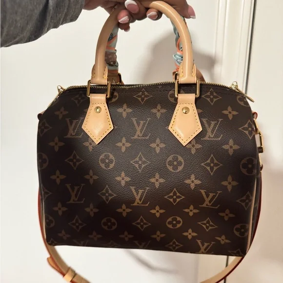 Louis Vuitton Brown Monogram Handbag with Orange Accents (Resale scarf included) - Picture 3 of 5